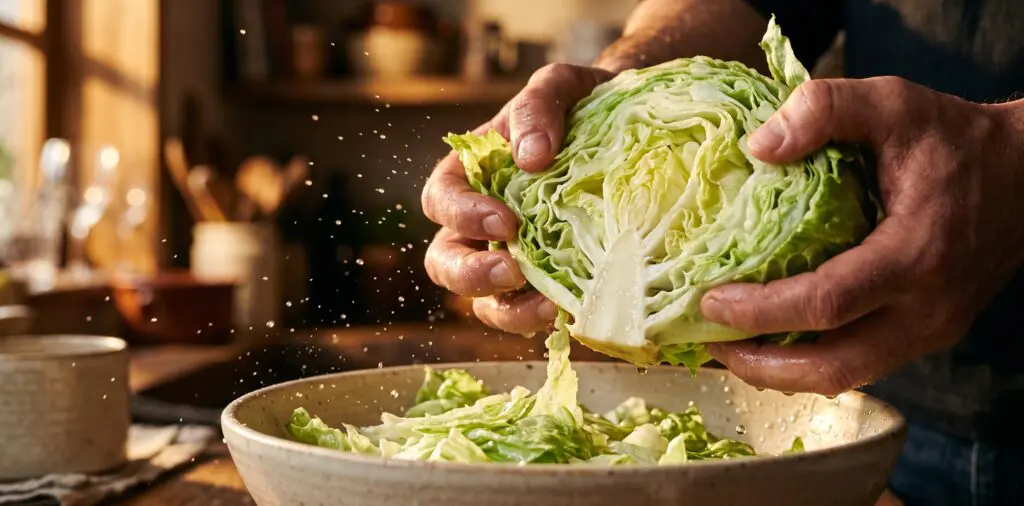 Crisp iceberg lettuce being torn over a ceramic bowl, water droplets scattering in warm light.