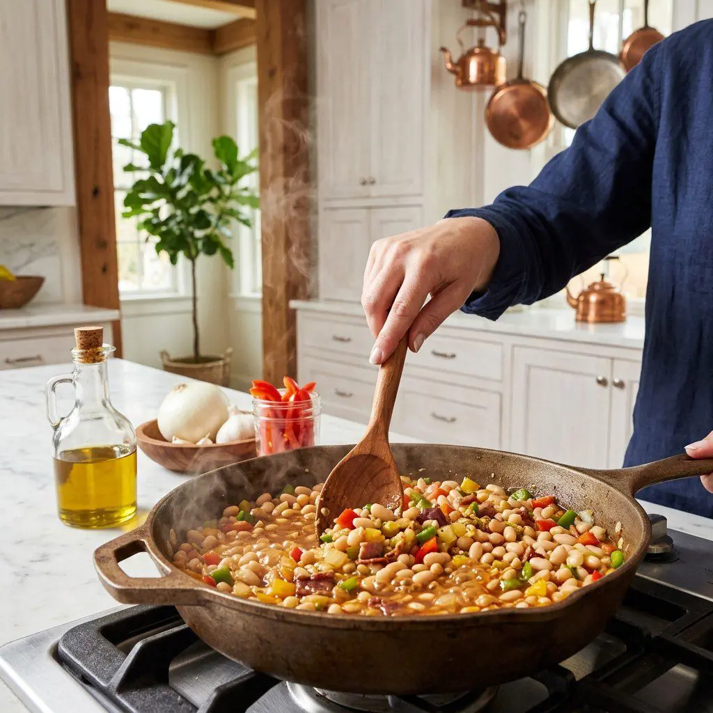 Home cook prepared steps for assembling and cooking Pretty Potluck Beans.