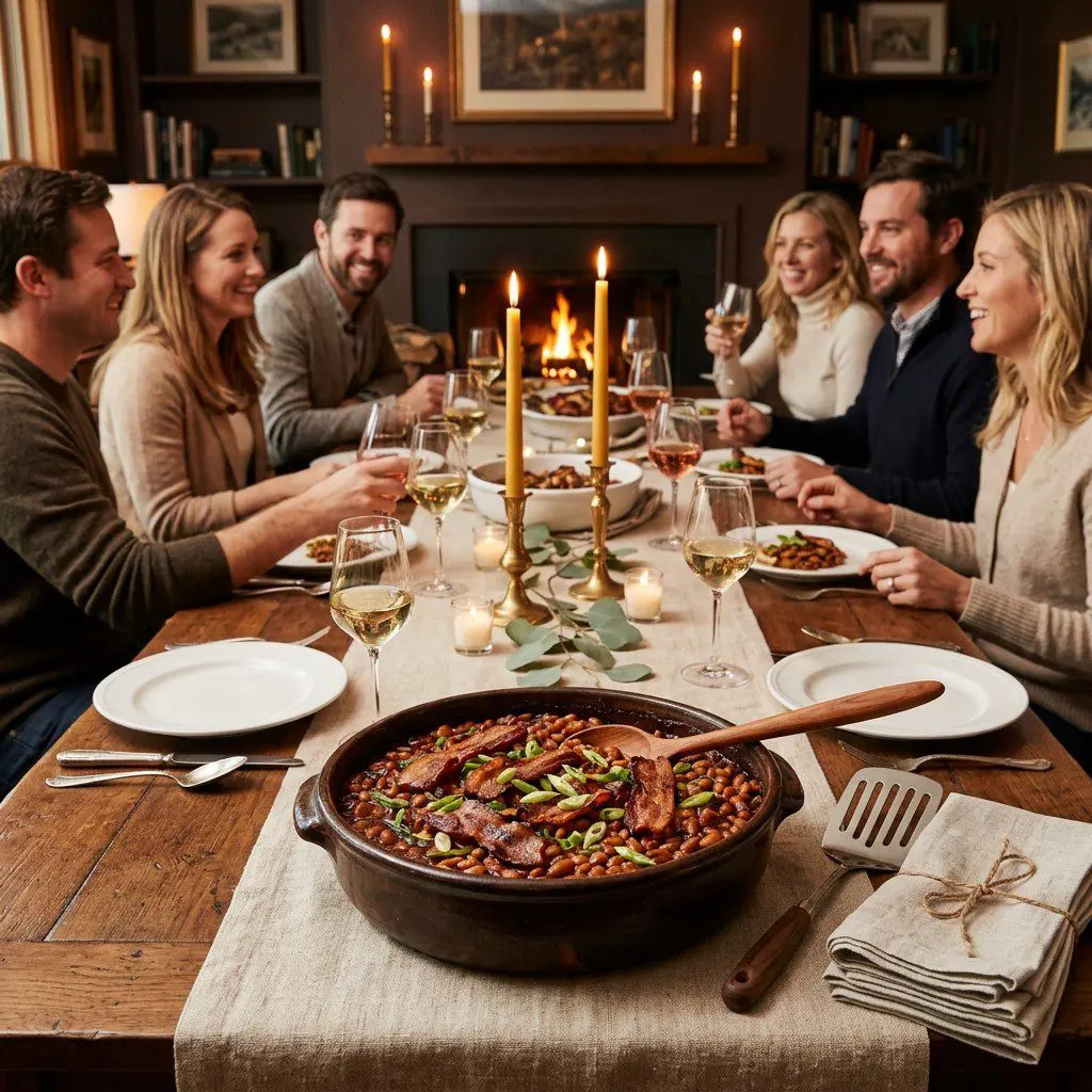 An appetizing, fresh serving of cooked Pretty Potluck Beans displayed beautifully on a styled dining table.