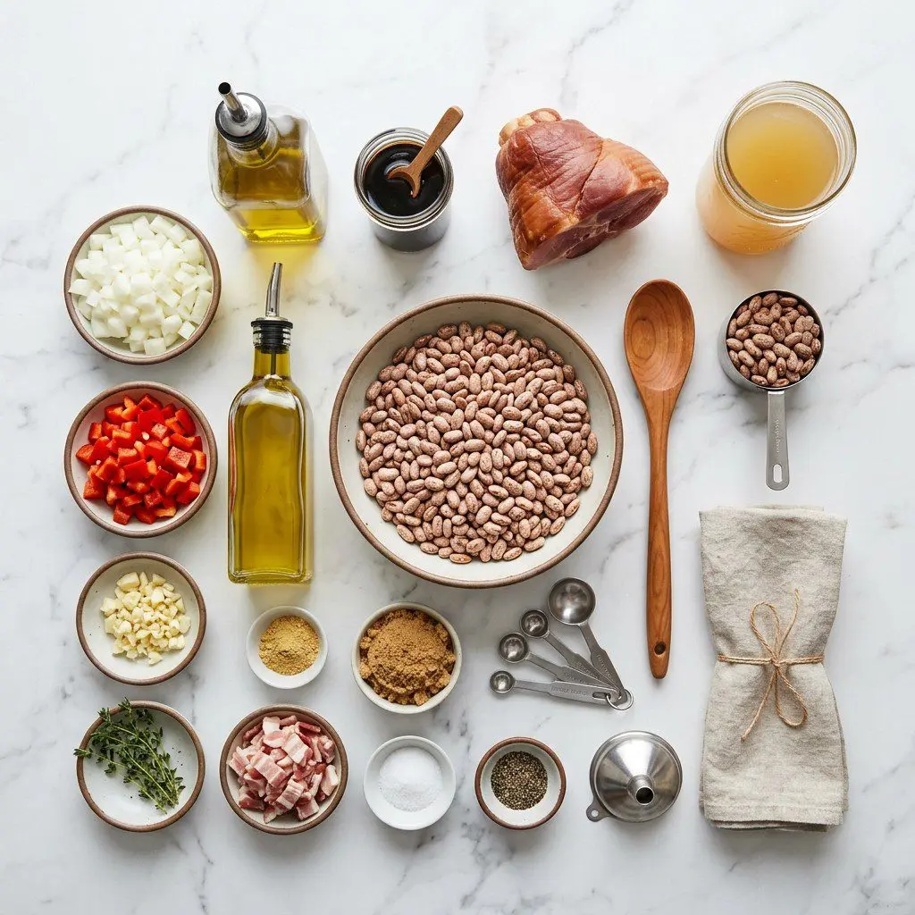 Raw cooking ingredients for Pretty Potluck Beans arranged beautifully on a clean kitchen counter.