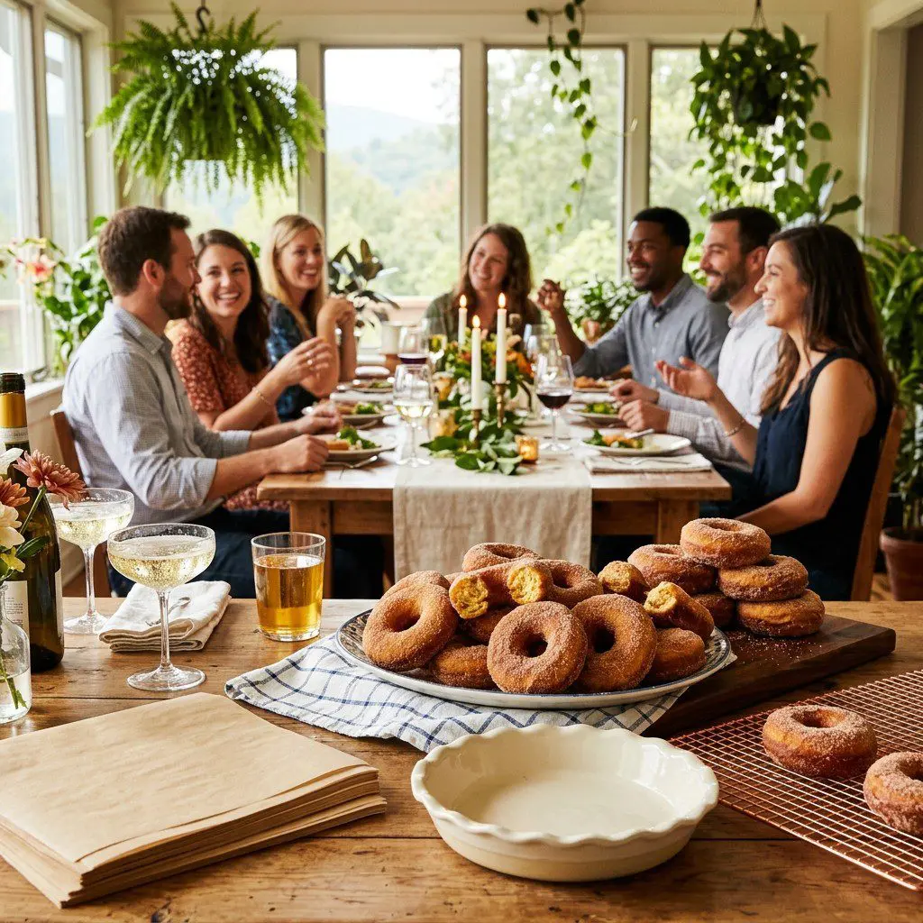 An appetizing, fresh serving of cooked Pumpkin Donuts displayed beautifully on a styled dining table.