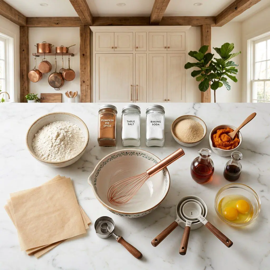 Raw cooking ingredients for Pumpkin Donuts arranged beautifully on a clean kitchen counter.