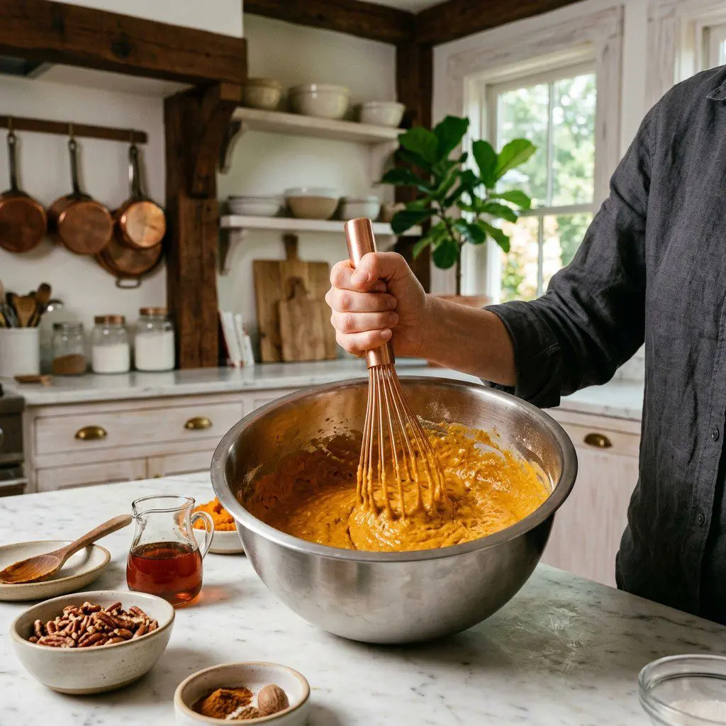 Home cook prepared steps for assembling and cooking Pumpkin Waffles with Honey-Orange Syrup and Toasted Pecans.
