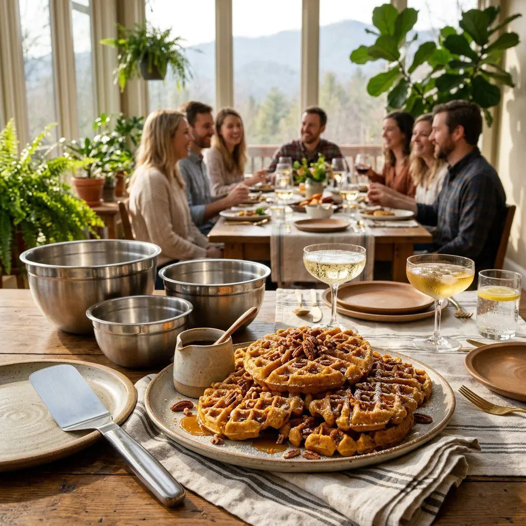 An appetizing, fresh serving of cooked Pumpkin Waffles with Honey-Orange Syrup and Toasted Pecans displayed beautifully on a styled dining table.