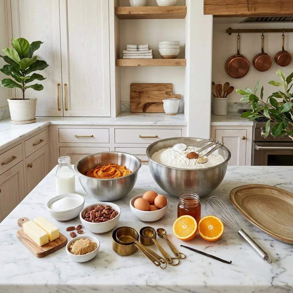 Raw cooking ingredients for Pumpkin Waffles with Honey-Orange Syrup and Toasted Pecans arranged beautifully on a clean kitchen counter.