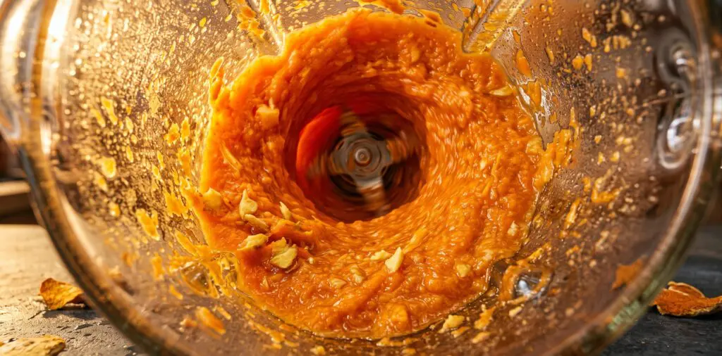 A vivid orange carrot purée spinning in a blender, a deep vortex pulling the surface downward.