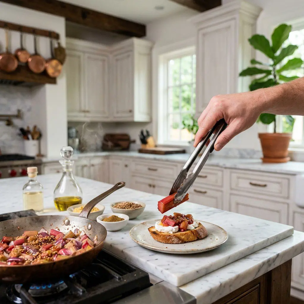 Home cook prepared steps for assembling and cooking Rhubarb Chutney on Goat Cheese Crostini.