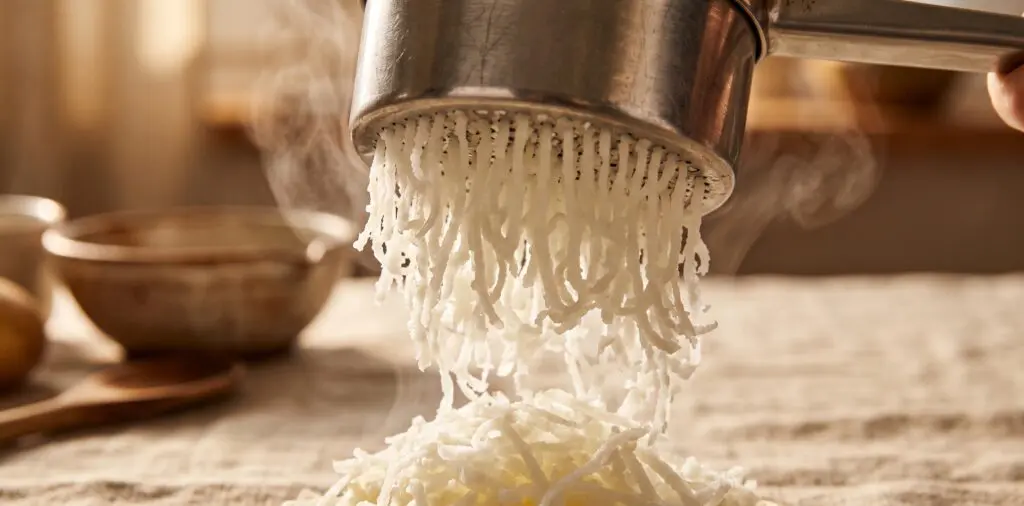 Fluffy white potato strands extruding through a stainless potato ricer, falling in a snowy cloud.