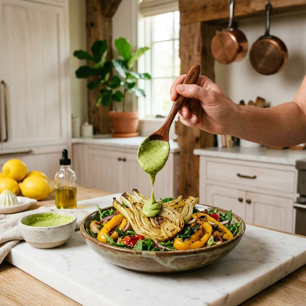 Home cook prepared steps for assembling and cooking Roasted Fennel, Lemon and Veggie Salad with Avocado Dressing.