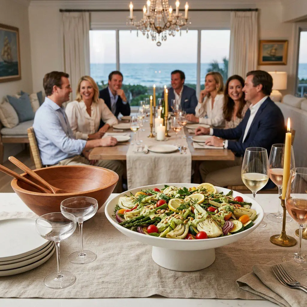 An appetizing, fresh serving of cooked Roasted Fennel, Lemon and Veggie Salad with Avocado Dressing displayed beautifully on a styled dining table.
