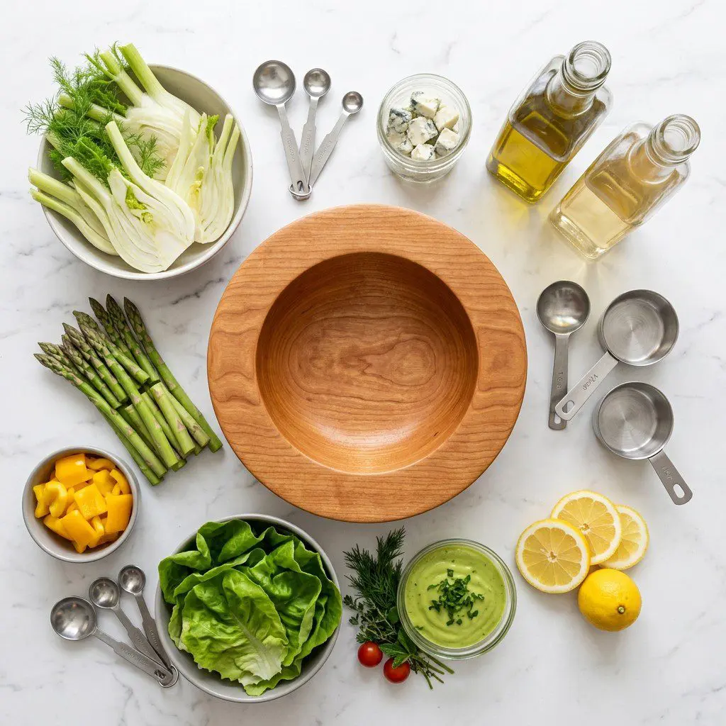 Raw cooking ingredients for Roasted Fennel, Lemon and Veggie Salad with Avocado Dressing arranged beautifully on a clean kitchen counter.
