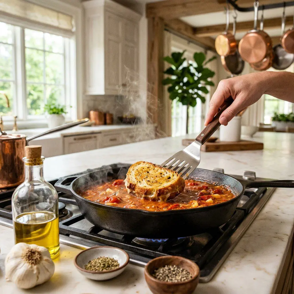 Home cook prepared steps for assembling and cooking Roasted Garlic and Tomato Soup with Grilled Artisanal Cheese Croutons.