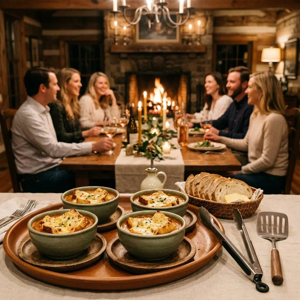 An appetizing, fresh serving of cooked Roasted Garlic and Tomato Soup with Grilled Artisanal Cheese Croutons displayed beautifully on a styled dining table.