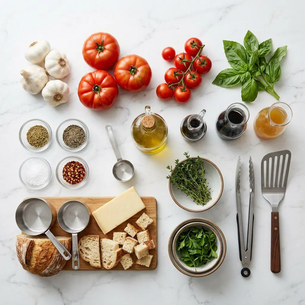 Raw cooking ingredients for Roasted Garlic and Tomato Soup with Grilled Artisanal Cheese Croutons arranged beautifully on a clean kitchen counter.