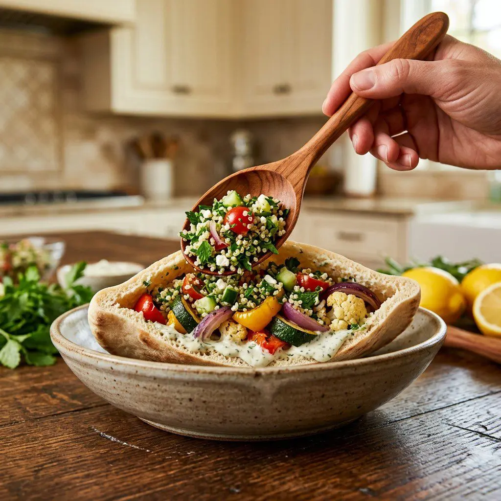 Home cook prepared steps for assembling and cooking Roasted Veggie Pitas with Herb Ranch Dressing and Quinoa Tabbouleh.