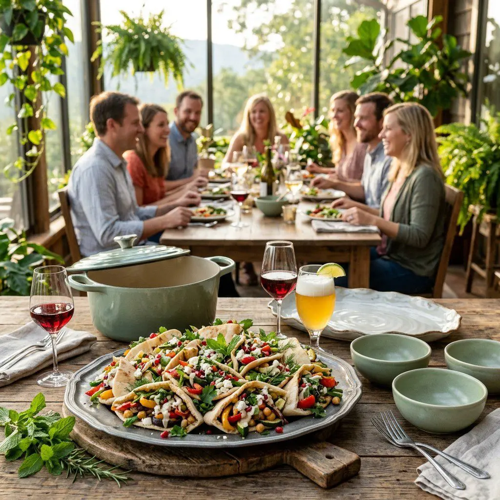 An appetizing, fresh serving of cooked Roasted Veggie Pitas with Herb Ranch Dressing and Quinoa Tabbouleh displayed beautifully on a styled dining table.
