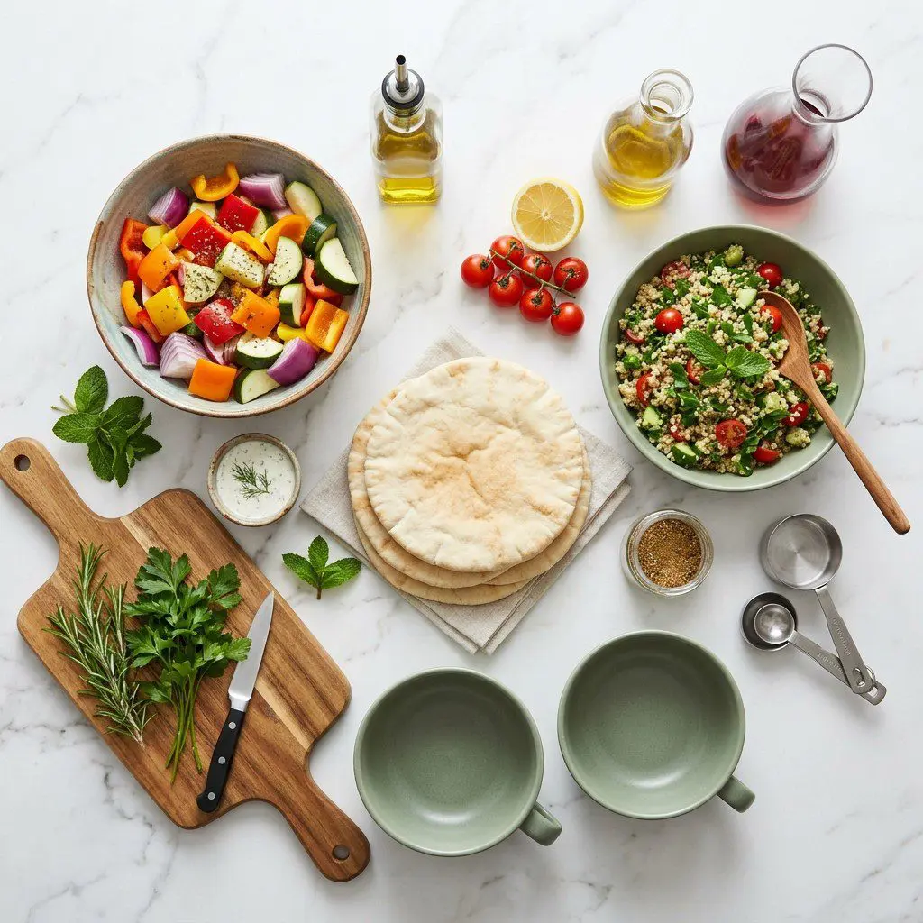 Raw cooking ingredients for Roasted Veggie Pitas with Herb Ranch Dressing and Quinoa Tabbouleh arranged beautifully on a clean kitchen counter.