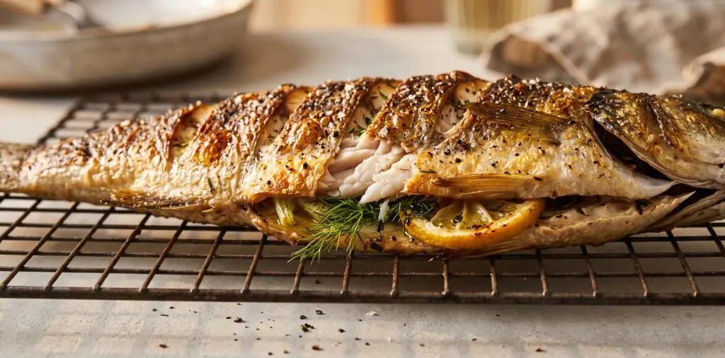 A whole roasted branzino on a rack, scored skin golden and blistered, score lines opening to reveal white flesh.
