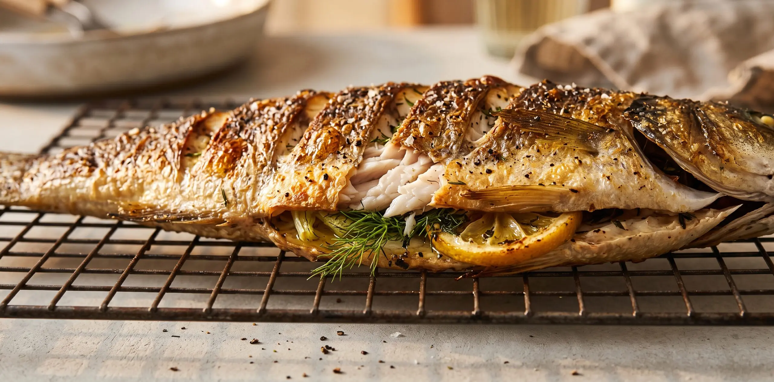A whole roasted branzino on a rack, scored skin golden and blistered, score lines opening to reveal white flesh.