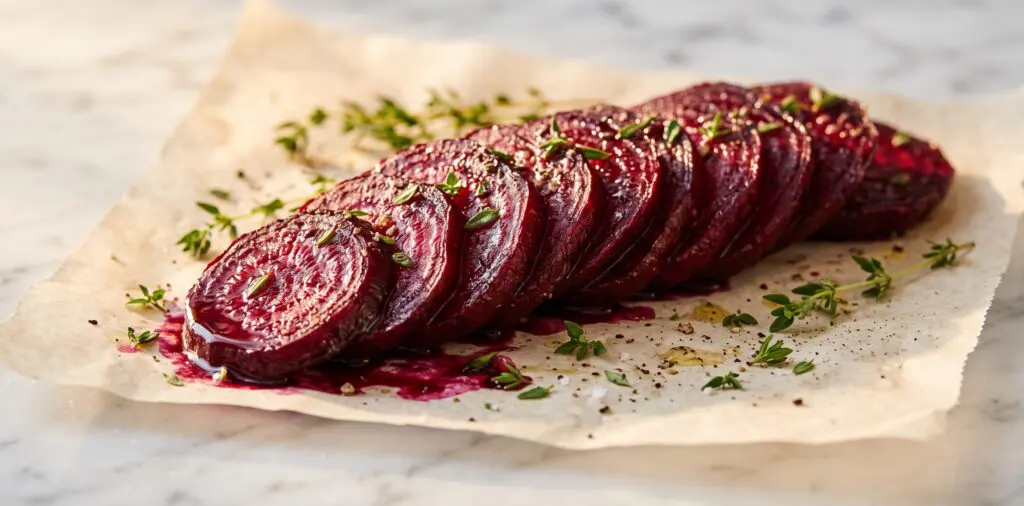 Deep ruby roasted beet slices fanned on parchment, glistening with olive oil, magenta juices pooling.
