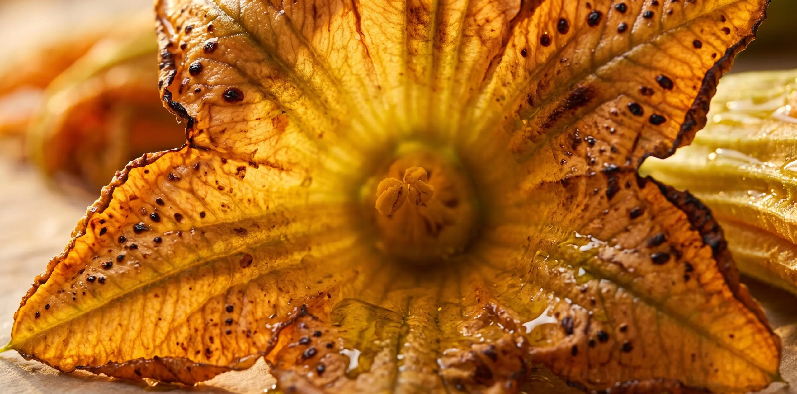 Delicate squash blossoms on parchment, orange-yellow petals beginning to blister at the edges.