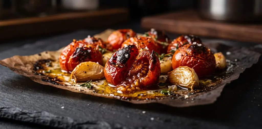 Burst and blistered cherry tomatoes on parchment, skins splitting, golden olive oil pooling around them.