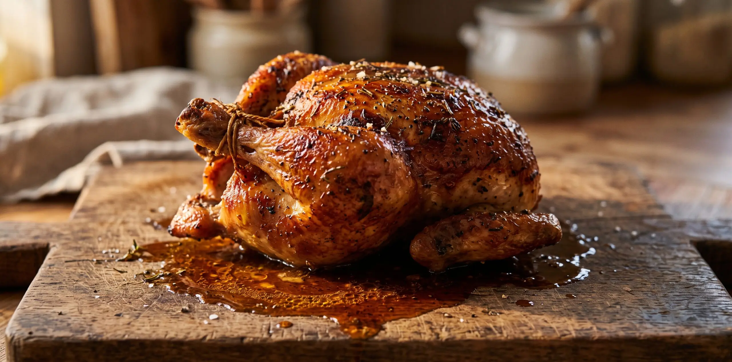 A whole roasted chicken resting on a cutting board, skin lacquered deep mahogany, juices pooling.