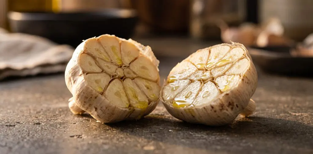 A whole garlic head halved horizontally, exposed golden cloves gleaming with a drizzle of olive oil.