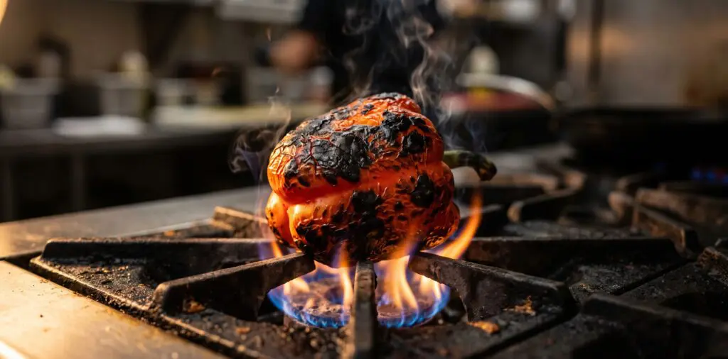 A whole red bell pepper on a gas burner grate, skin black and blistered, orange flames curling around it.