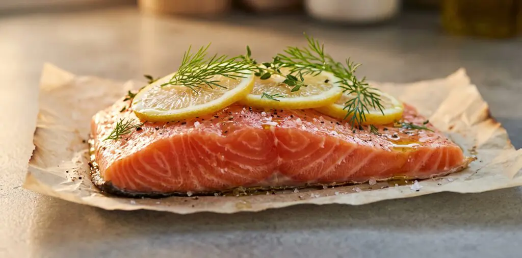 A thick salmon fillet skin-down on parchment, vivid coral-pink flesh with lemon rounds and dill fronds.