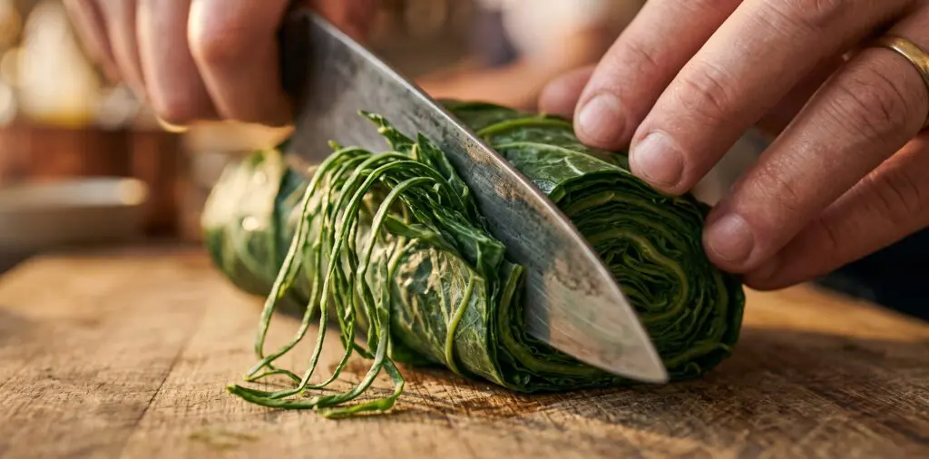 A rolled bundle of collard leaves being sliced by a chef's knife, dark green ribbons falling away from the cut.
