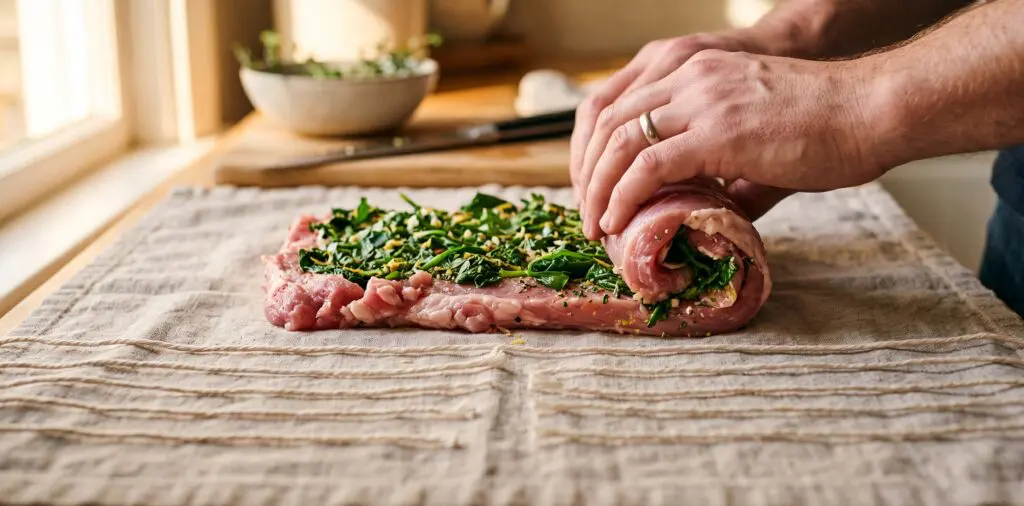A butterflied pork tenderloin spread with herb filling, being rolled into a cylinder, kitchen twine ready beside.