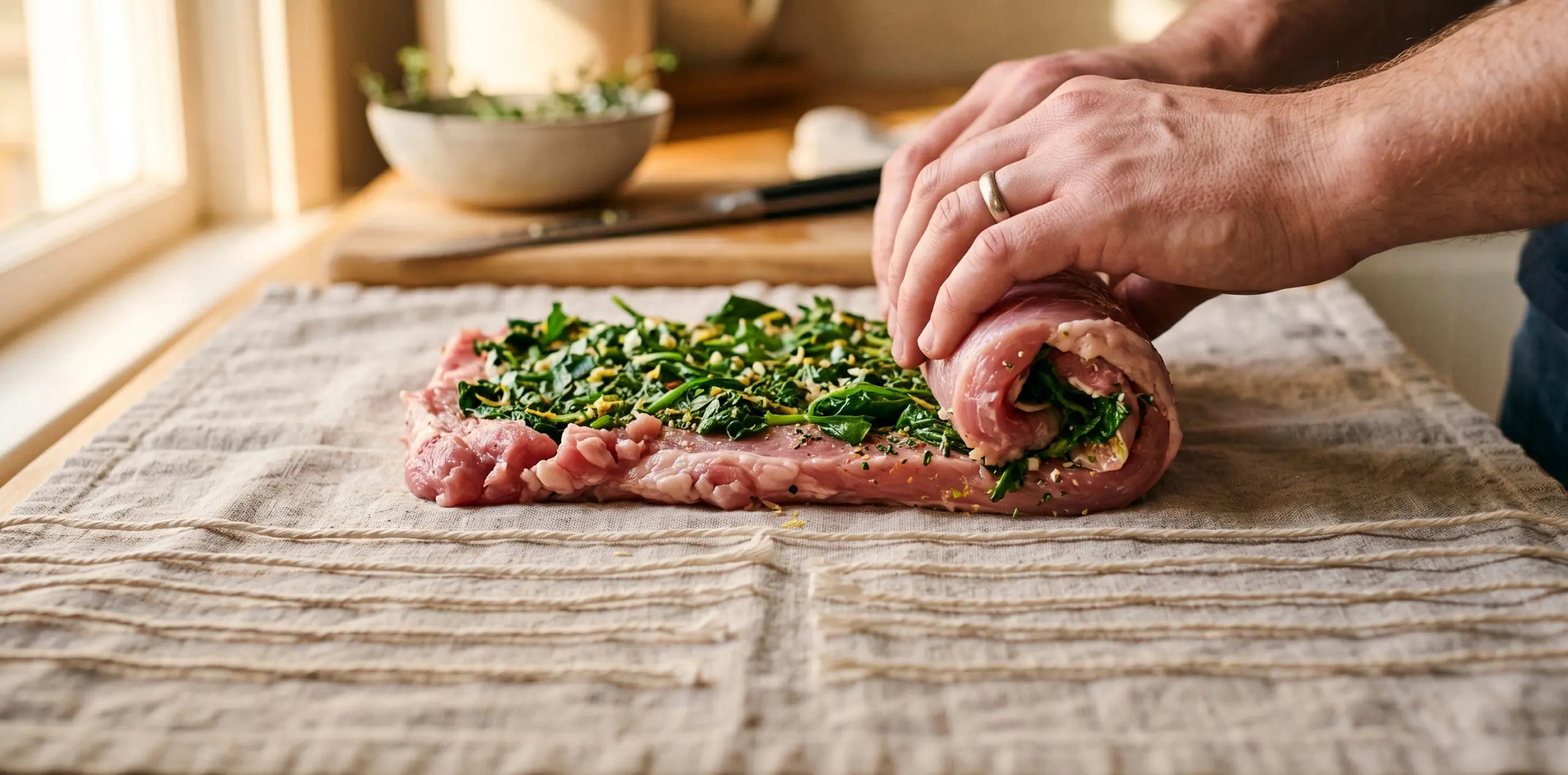 A butterflied pork tenderloin spread with herb filling, being rolled into a cylinder, kitchen twine ready beside.