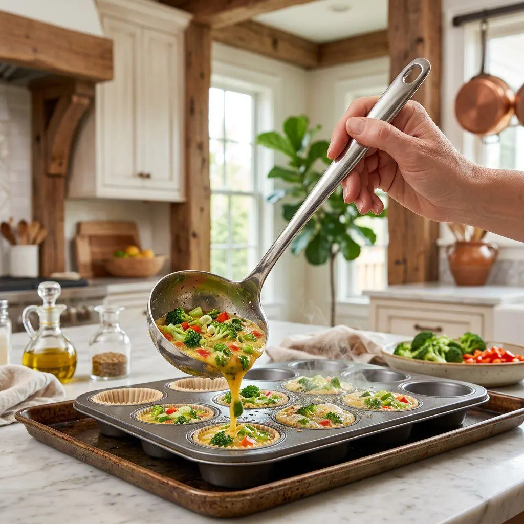 Home cook prepared steps for assembling and cooking Savory Egg Muffins.