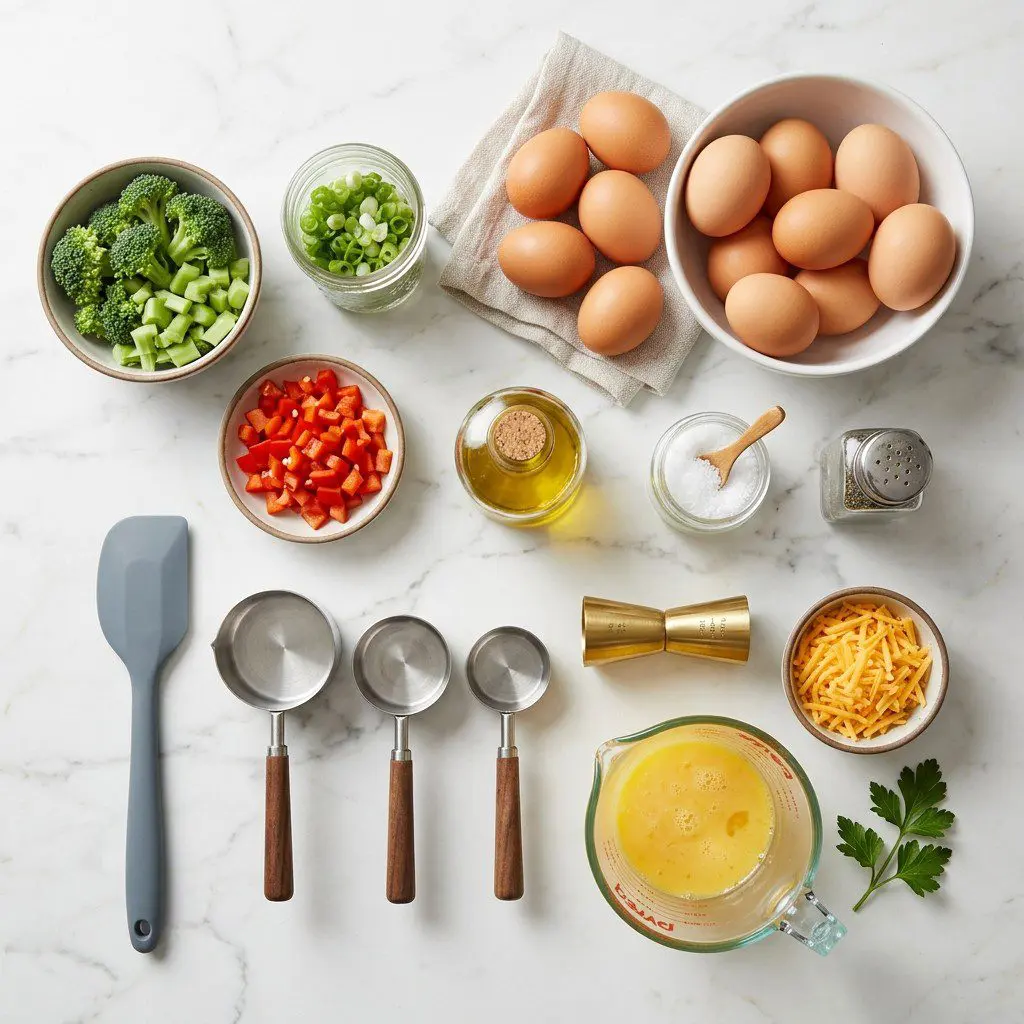 Raw cooking ingredients for Savory Egg Muffins arranged beautifully on a clean kitchen counter.