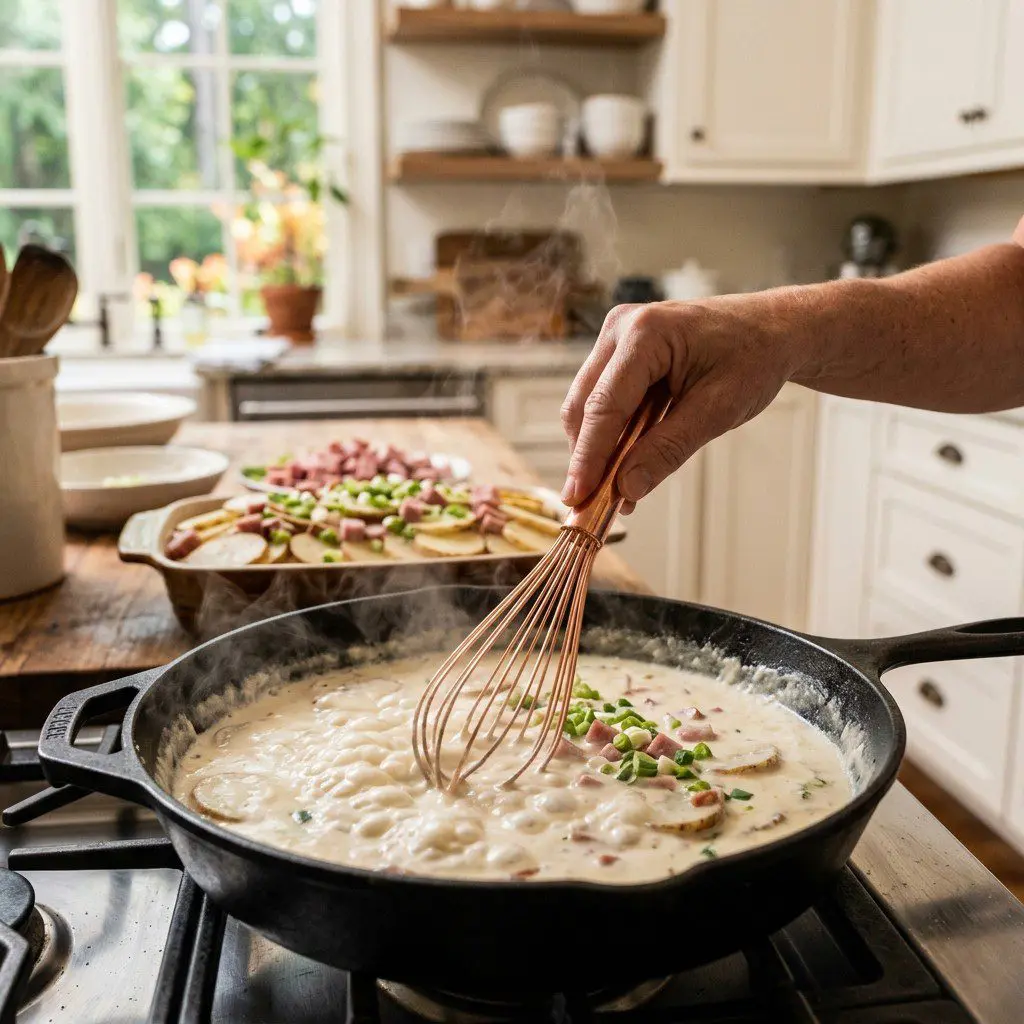 Home cook prepared steps for assembling and cooking Scalloped Potatoes with Ham and Green Onions.