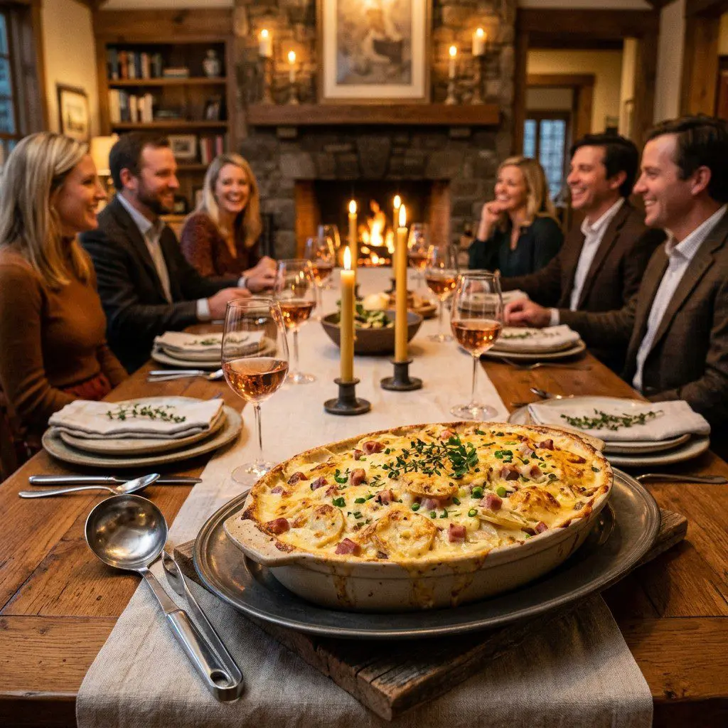 An appetizing, fresh serving of cooked Scalloped Potatoes with Ham and Green Onions displayed beautifully on a styled dining table.