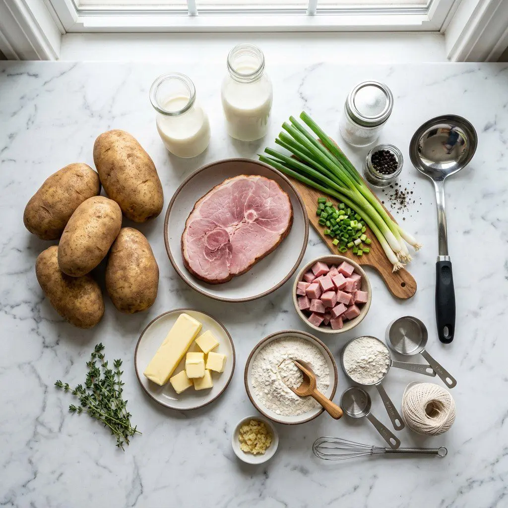Raw cooking ingredients for Scalloped Potatoes with Ham and Green Onions arranged beautifully on a clean kitchen counter.