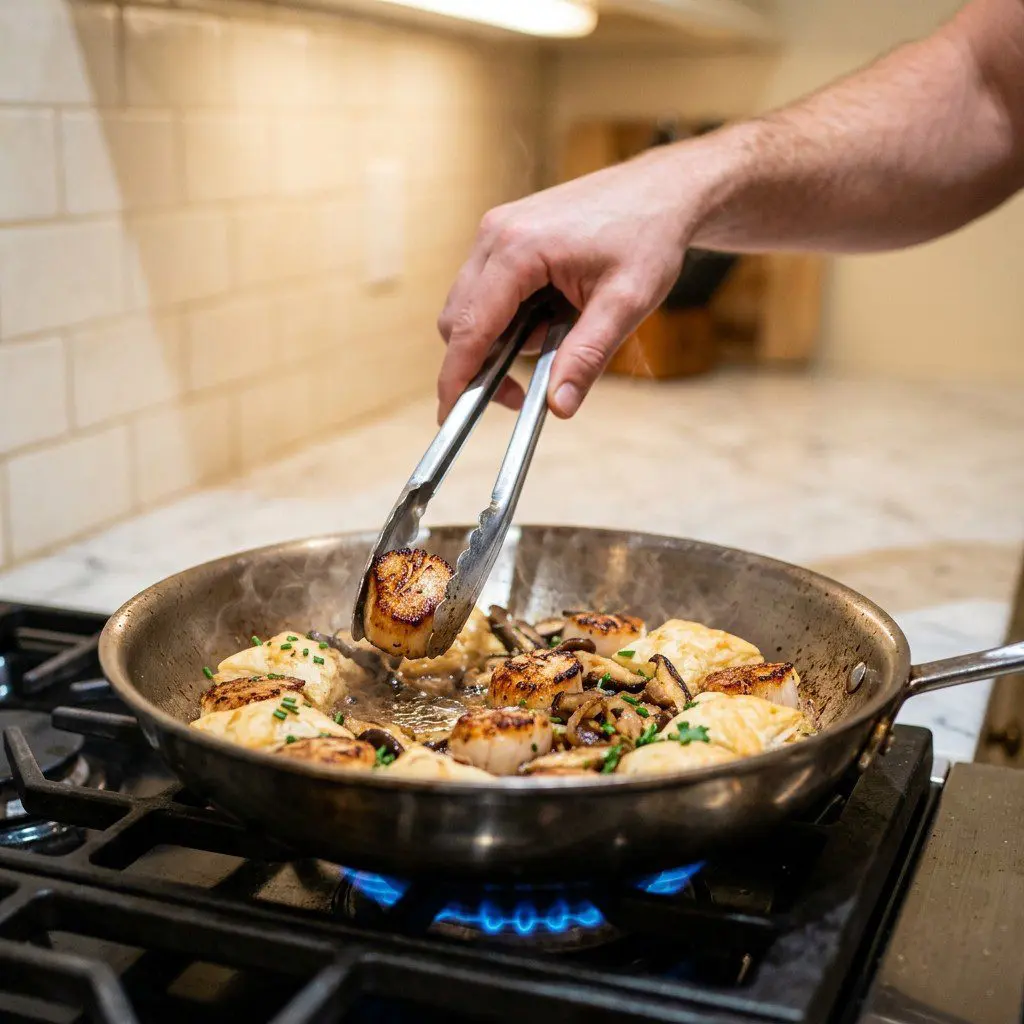 Home cook prepared steps for assembling and cooking Seared Scallops and Shitakes over Puff Pastry Pillows.