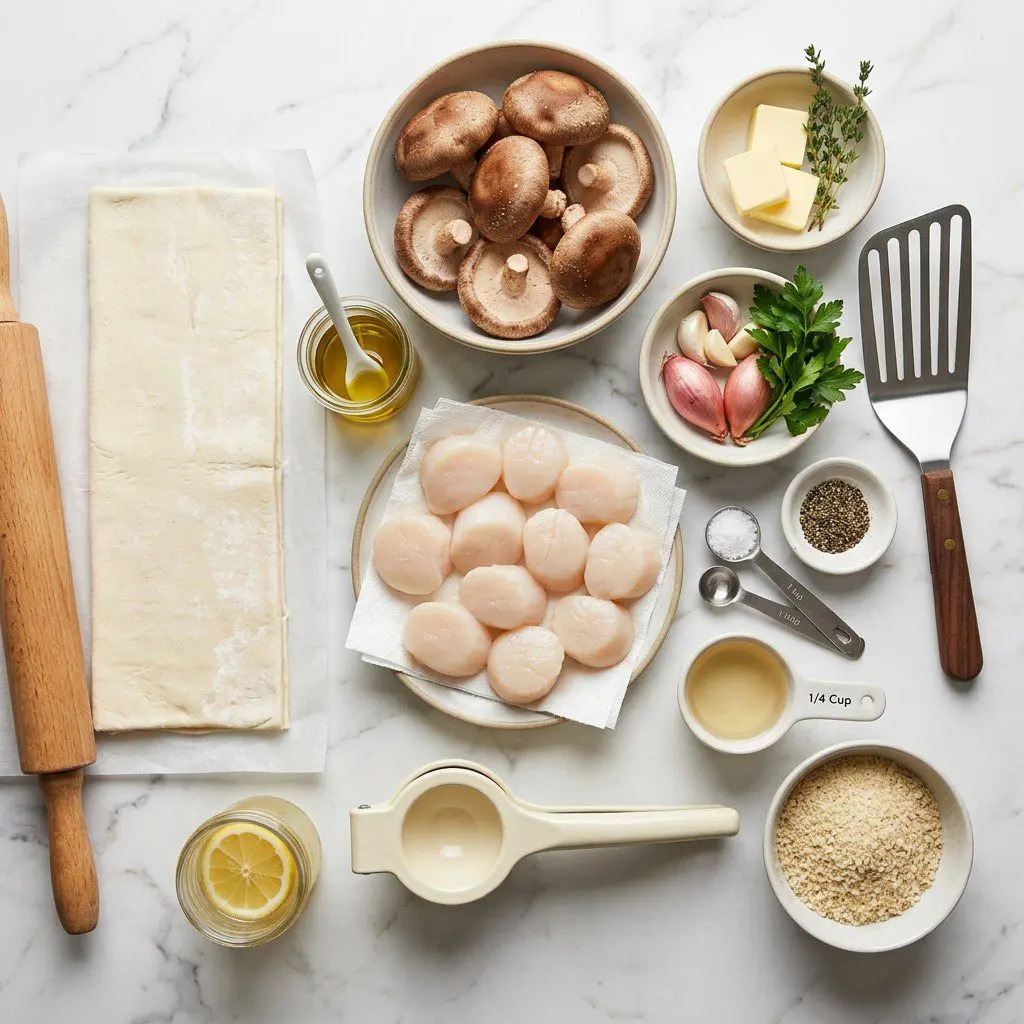 Raw cooking ingredients for Seared Scallops and Shitakes over Puff Pastry Pillows arranged beautifully on a clean kitchen counter.
