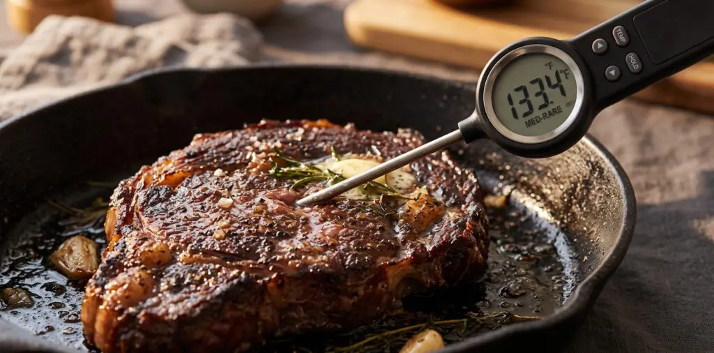 An instant-read thermometer inserted into a thick seared steak, the dark mahogany crust glistening with pan juices.