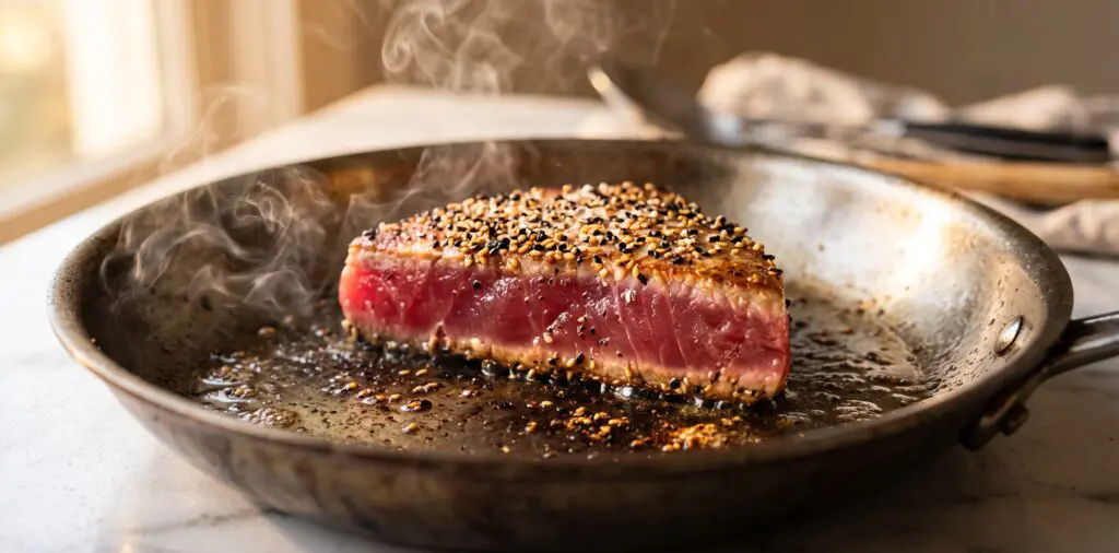 A thick ahi tuna steak searing in a screaming-hot pan, a narrow crust forming while the interior stays ruby-red.