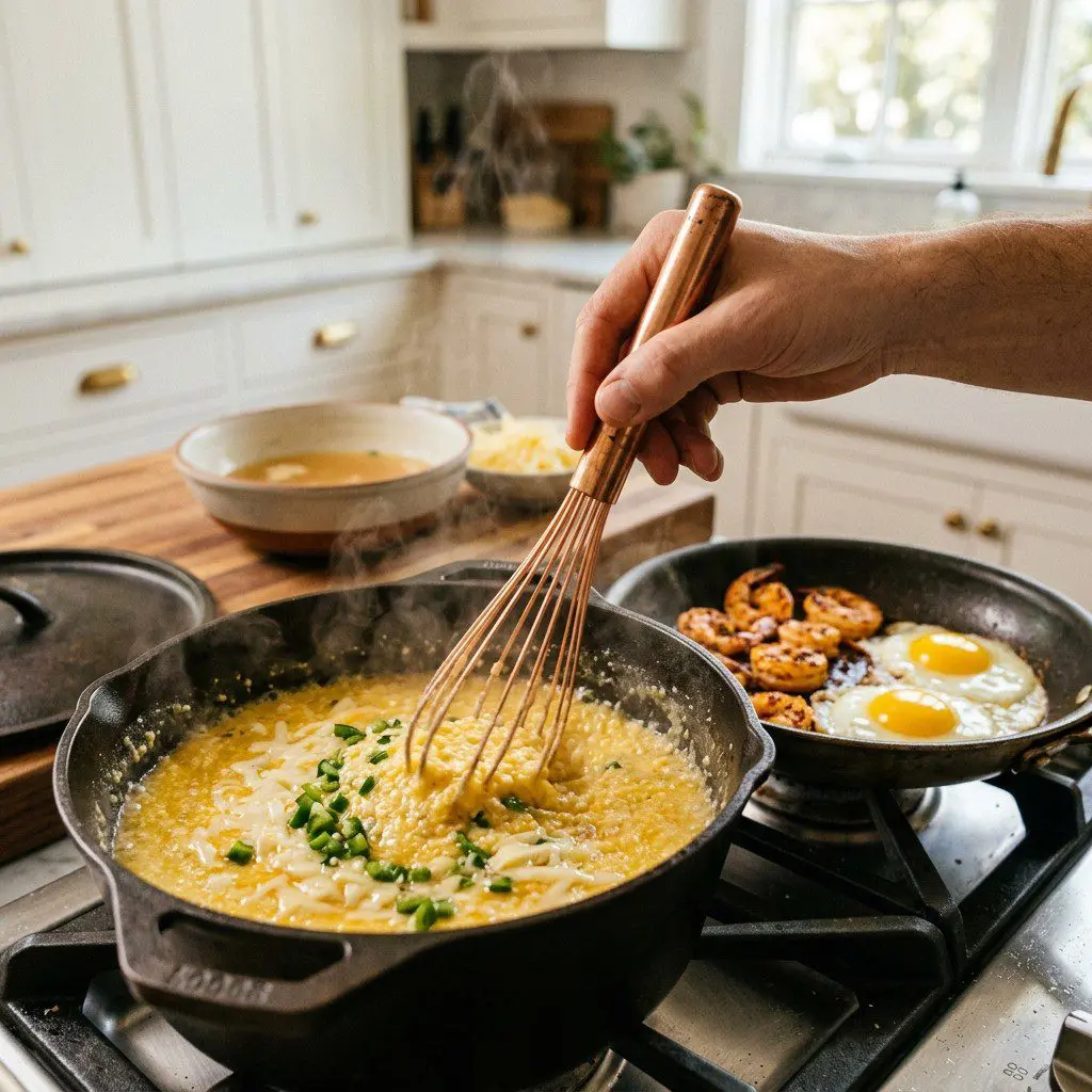 Home cook prepared steps for assembling and cooking Shrimp & Grits with Eggs Sunnyside Up.