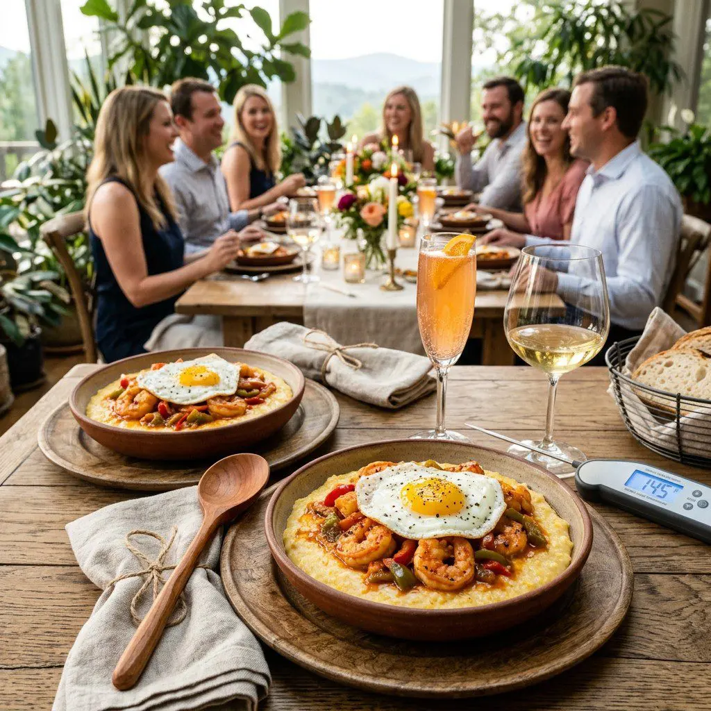 An appetizing, fresh serving of cooked Shrimp & Grits with Eggs Sunnyside Up displayed beautifully on a styled dining table.