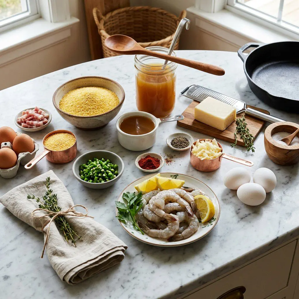 Raw cooking ingredients for Shrimp & Grits with Eggs Sunnyside Up arranged beautifully on a clean kitchen counter.