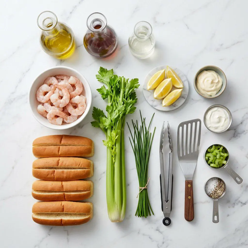 Raw cooking ingredients for Shrimp Rolls arranged beautifully on a clean kitchen counter.