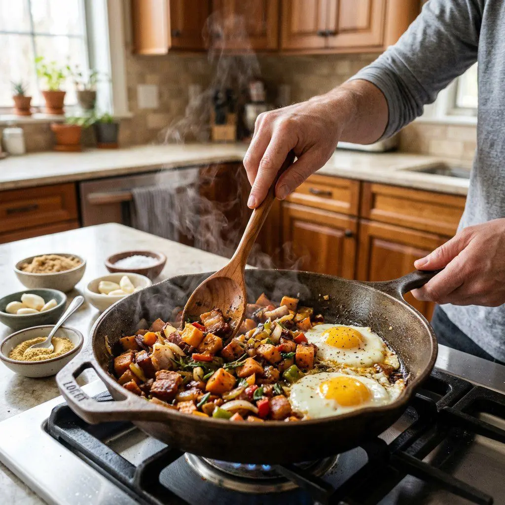 Home cook prepared steps for assembling and cooking Skillet Sweet Potato Hash with Pork Belly and Fried Eggs.