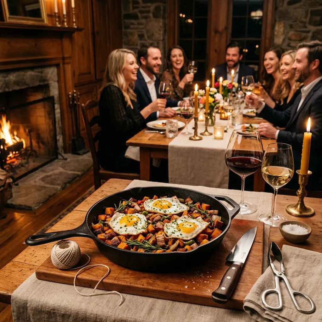 An appetizing, fresh serving of cooked Skillet Sweet Potato Hash with Pork Belly and Fried Eggs displayed beautifully on a styled dining table.