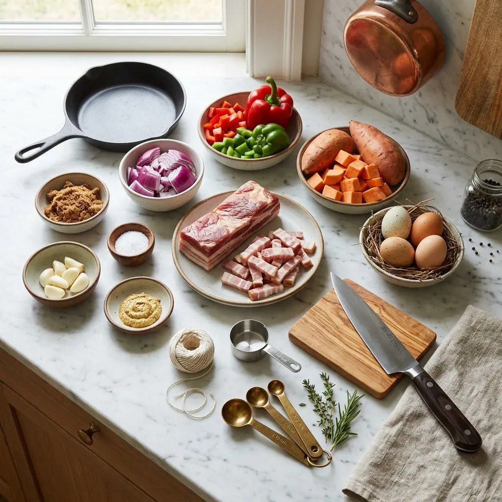 Raw cooking ingredients for Skillet Sweet Potato Hash with Pork Belly and Fried Eggs arranged beautifully on a clean kitchen counter.