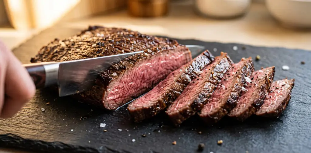 A rested flank steak mid-slice, angled cuts revealing the rose-pink medium-rare interior, slices fanning out.